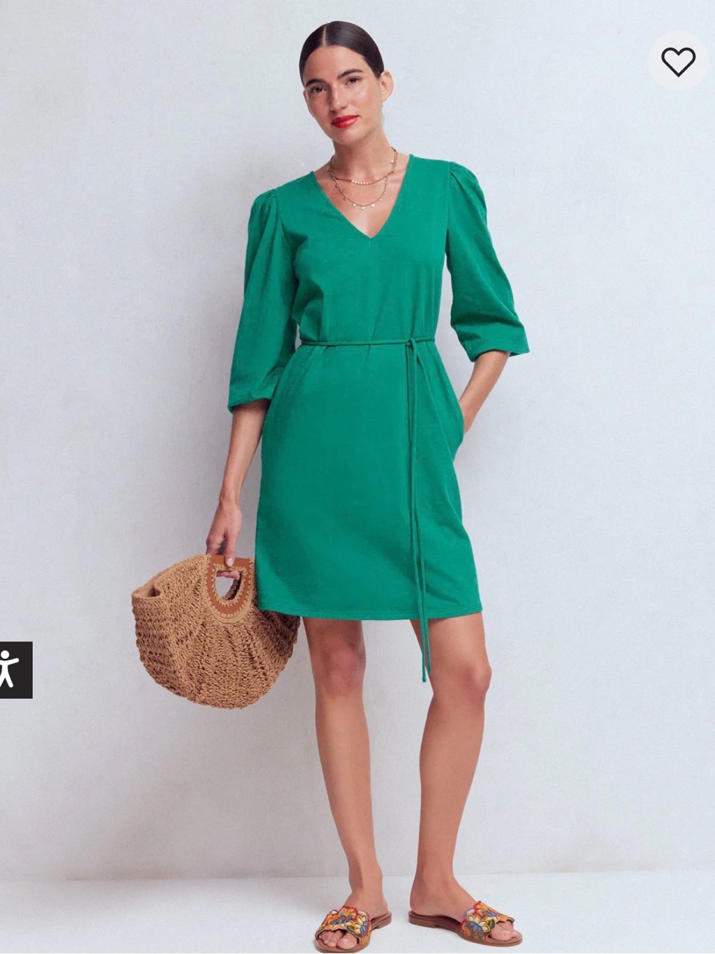 V-Neck Puff Sleeve Tie-Waist Dress In Green
